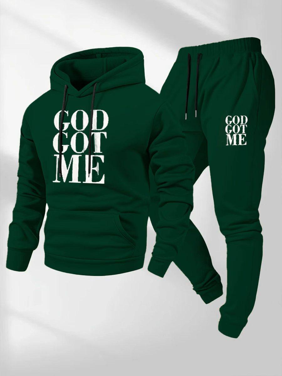 Casual hoodie and sweatpants set - fleece lining, long sleeves, printed design |   machine washable