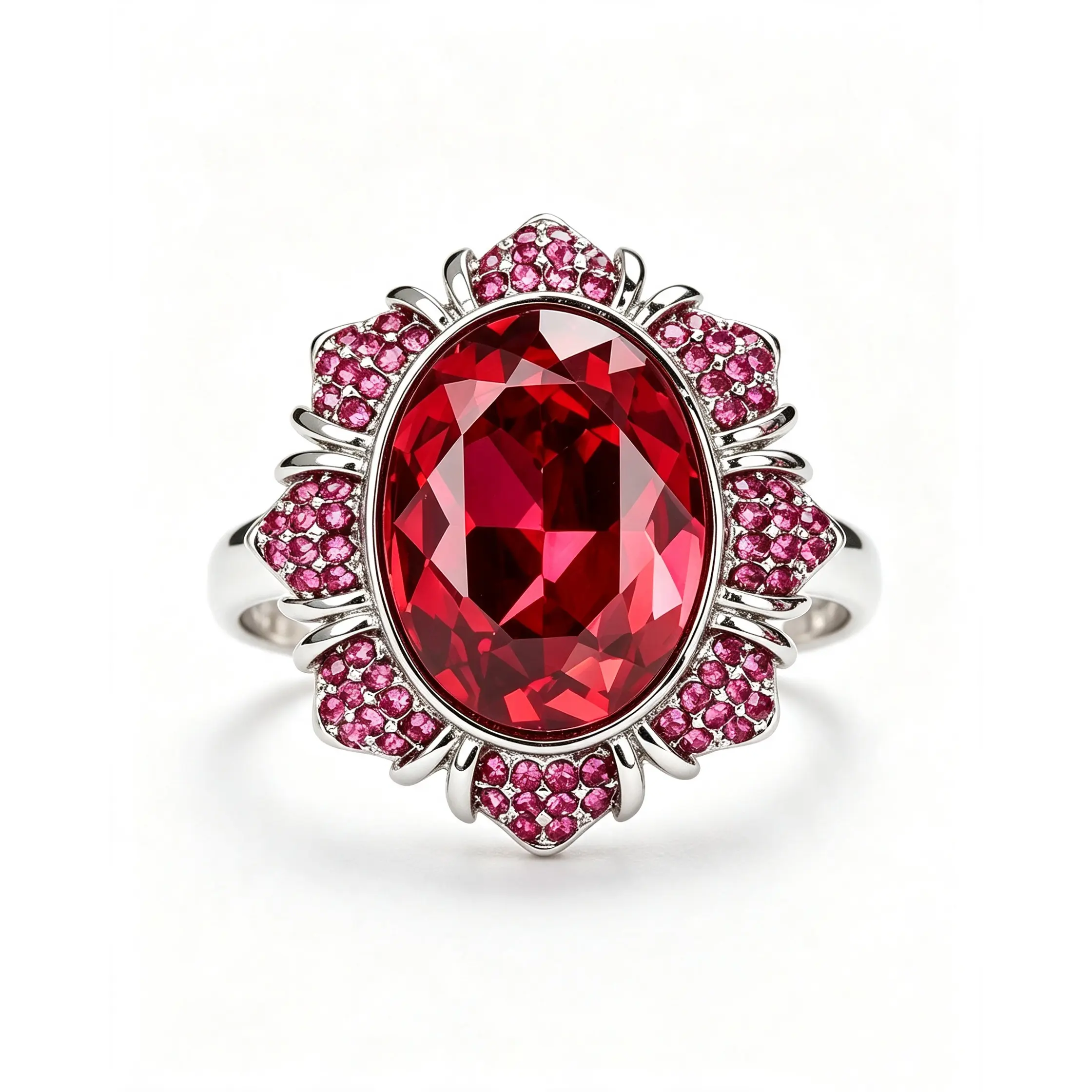 Vintage Oval Ruby Statement Ring - Adjustable Silver Plated Cocktail Ring with Micro Paved Pink Crystals for Women