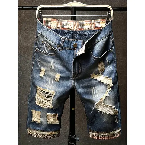 Men's Cotton Washed Denim Knee-Length Shorts - High Street Fashion, Bold Style, Patched, Distressed, Zipper Fly Pockets, Distinctive Patterned Waistband, Casual Streetwear Bottoms for Summer Daily Wear