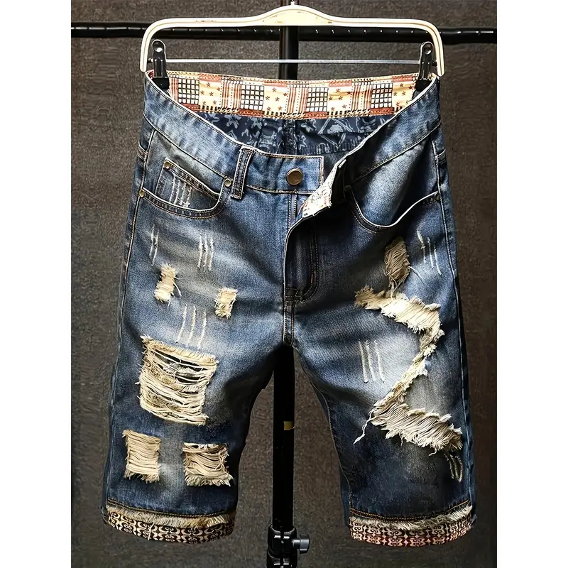 Men's Cotton Washed Denim Knee-Length Shorts - High Street Fashion, Bold Style, Patched, Distressed, Zipper Fly Pockets, Distinctive Patterned Waistband, Casual Streetwear Bottoms for Summer Daily Wear