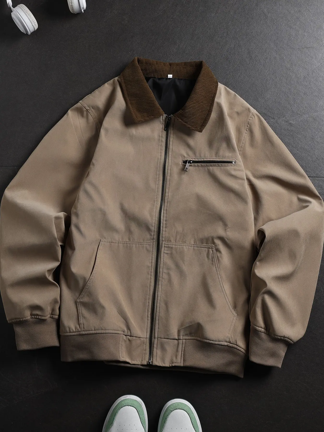 Men's Corduroy Lapel Detroit Work Jacket, American Vintage Multi-Pocket Zipper Casual Coat, Fall Winter Top, Stylish Outerwear