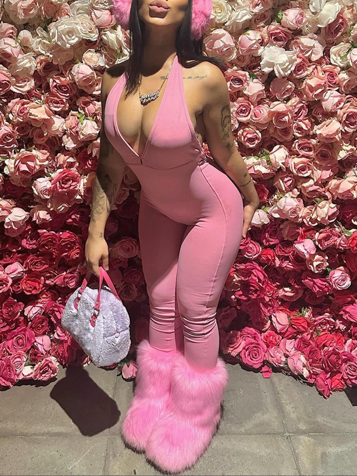 Women's Sexy Backless Halter Neck Party Romper, Sleeveless High Waist Butt Lifting Jumpsuit, Slim-Fitting Long Pants, All Seasons Fashion Overalls