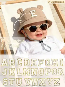 1PC Khaki Custom  A-Z Letter Khaki Toddler Fisherman Cap, Wide Brim Cartoon Ear Infant Sun Hat, Windproof Chin Strap Baby Bucket Hat, Beach Camping Streetwear Accessories for 0-2 Years Old Baby