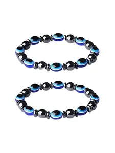 Two-Piece Evil Eye Beaded Bracelet Set, Natural Magnetic Hematite Round Beads, Elastic Unisex Lucky Jewelry, Men's and Women's Accessories