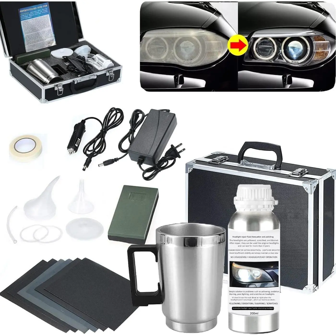 Headlight Restoration Kit, Auto Headlight Lens Polish Repair Kit Atomizing Cup Headlight Vapor Renovation Tool with 200ml Liquid for Repair of Scratch,Yellowed, Haze, Oxidized, Cracked Headlights