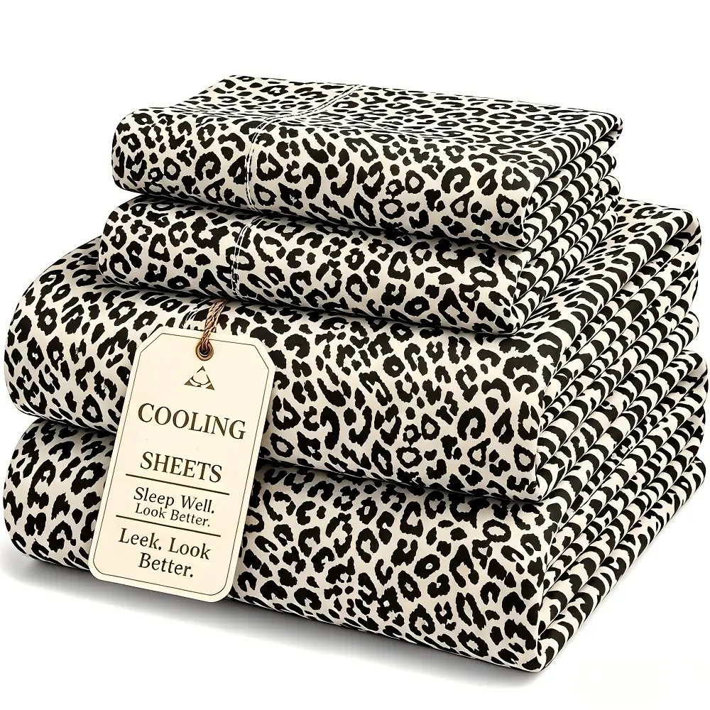 4 Pcs Queen Size Leopard Print Cooling Fiber Bedding Set, Deep Pocket Ventilated Sheets for Hot Sleepers, Ideal Independence Day Gift for Whole Family, Elegant Bedroom Decoration