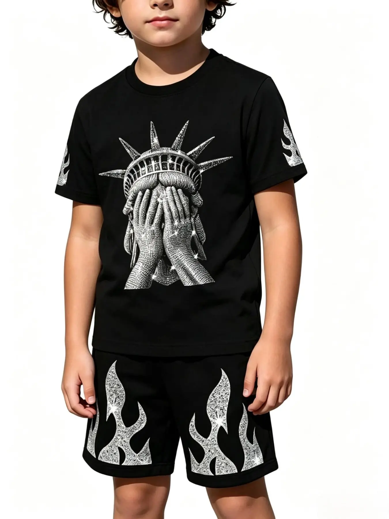 Kids 3D Print Rhinestone Effect Statue Of Liberty Flame Short Sleeve Set, Boys Fashion Casual T-shirt And Shorts 2 Piece Outfit, Trendy Summer Kids Clothing 2026 New Arriva, Outfit Sets