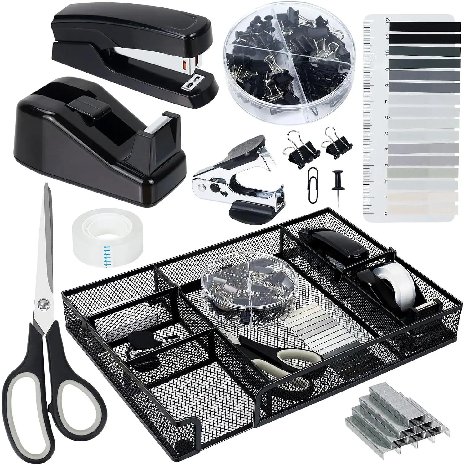 Black Office Supplies Set with Stapler Tape Dispenser Desk Organizer | Complete black office supplies set with stapler, tape dispenser and desk organizer, keeping your workspace neat and efficient
