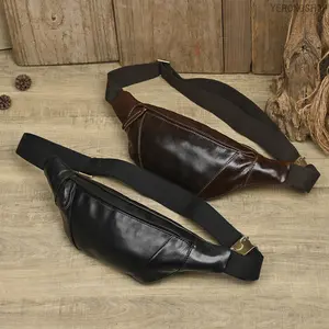 Genuine Full Grain Leather Sling Chest Bag for Men, Vintage Mini Crossbody Fanny Pack, Lightweight Sports Waist Purse for Running, Outdoor Hiking, Daily Travel & Cell Phone Storage