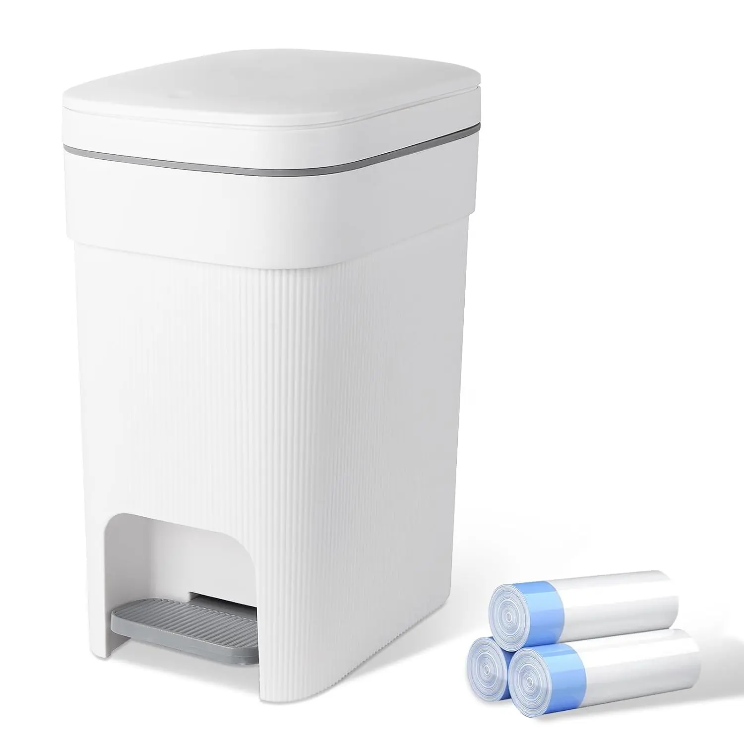 Small Bathroom Trash Can with Lid Soft Close, 2.6 Gallon Step Garbage Can Slim Trash Bin Wastebasket for Kitchen Bedroom Office Living Room Toilet College Dorm, White