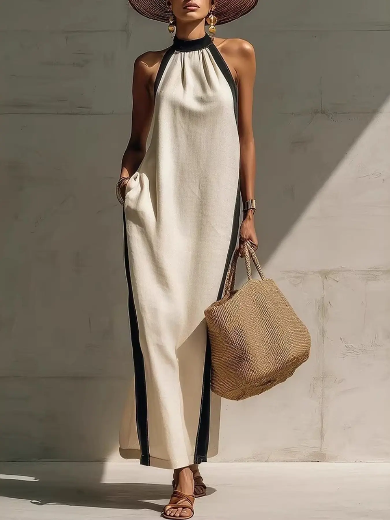 Summer New Resort Style Relaxed Beach Travel Minimalist High-End Colorblock Halter Long Beach Party Dress for Women, Elegant and Comfortable