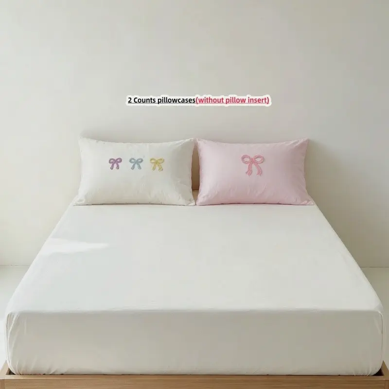 3pcs Embroidered  bow Fitted Sheet Set Including 1 fitted sheet and 2 pillowcases without pillow insert, Soft Breathable Mattress Protector Comfortable Bedding for Bedroom Decor
