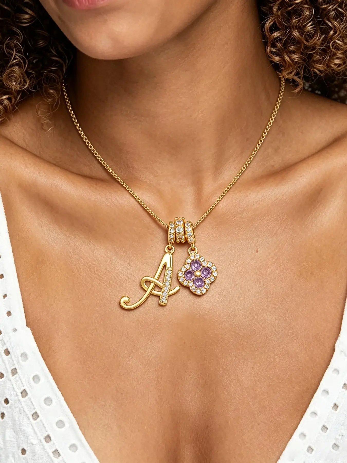 Valentine's Day Women Four-Leaf Clover Initial Necklace,14K Gold-Plated A-Z Letter Pendant,Purple Zircon Clover Charm,Delicate Personalized Gold Jewelry for Girls,Custom Fashion Accessory,Back-to-School Gift