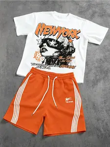 American Street Style New York Portrait Print T-Shirt and Shorts Set, Unisex Casual Two-Piece Outfit, Fitted All over Print Suit