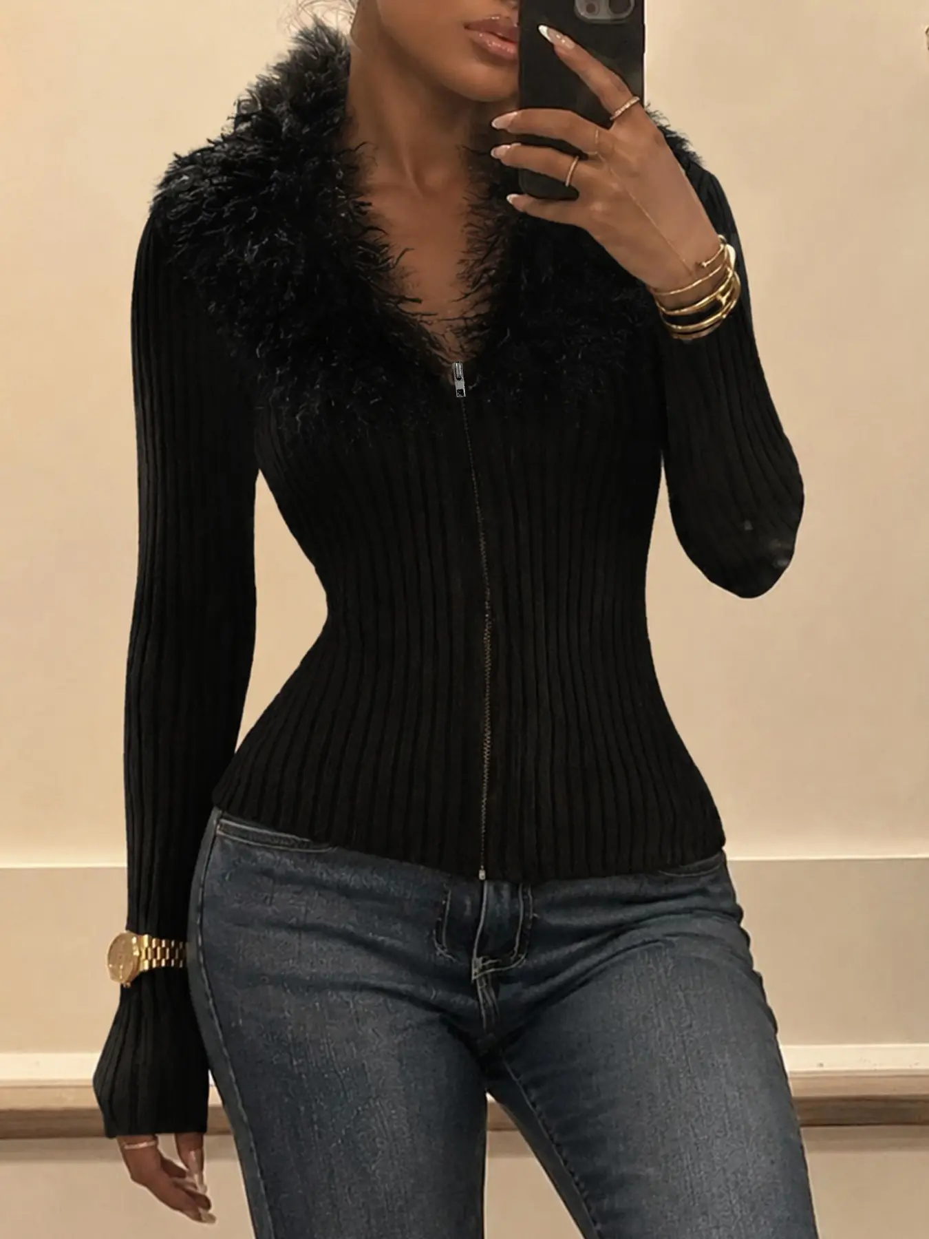 Autumn Winter Artificial Fur Patchwork Fitted Zipper Knit Sweater, Detachable Fur Collar, European Style Fashion Coat