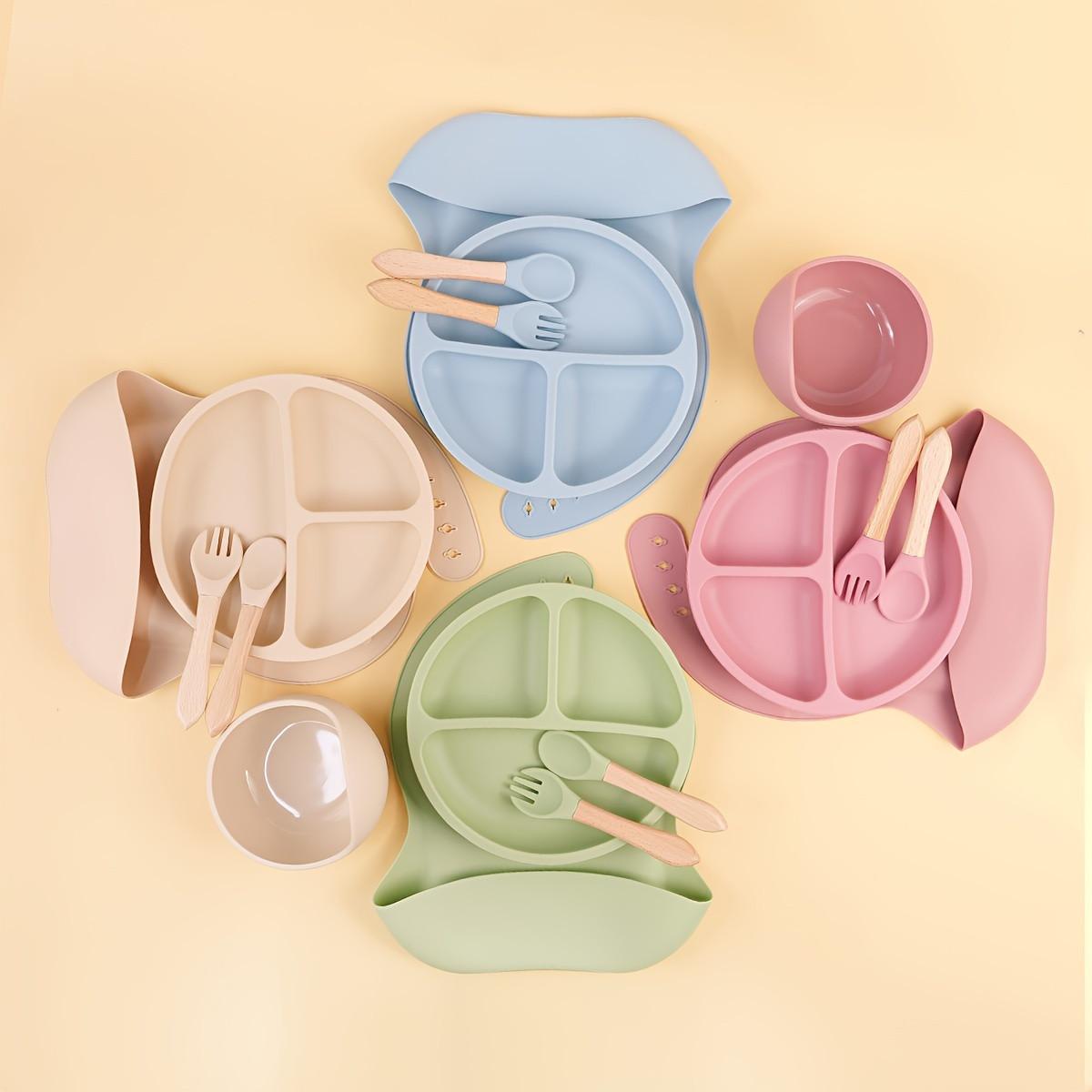 Baby Silicone Feeding Set, 5 Counts/set Including Bib, Bowl, Plate, Spoon & Fork, Baby Dinnerware Set, Baby Tableware Set, Mold Bowl, Silicone Utensils Set