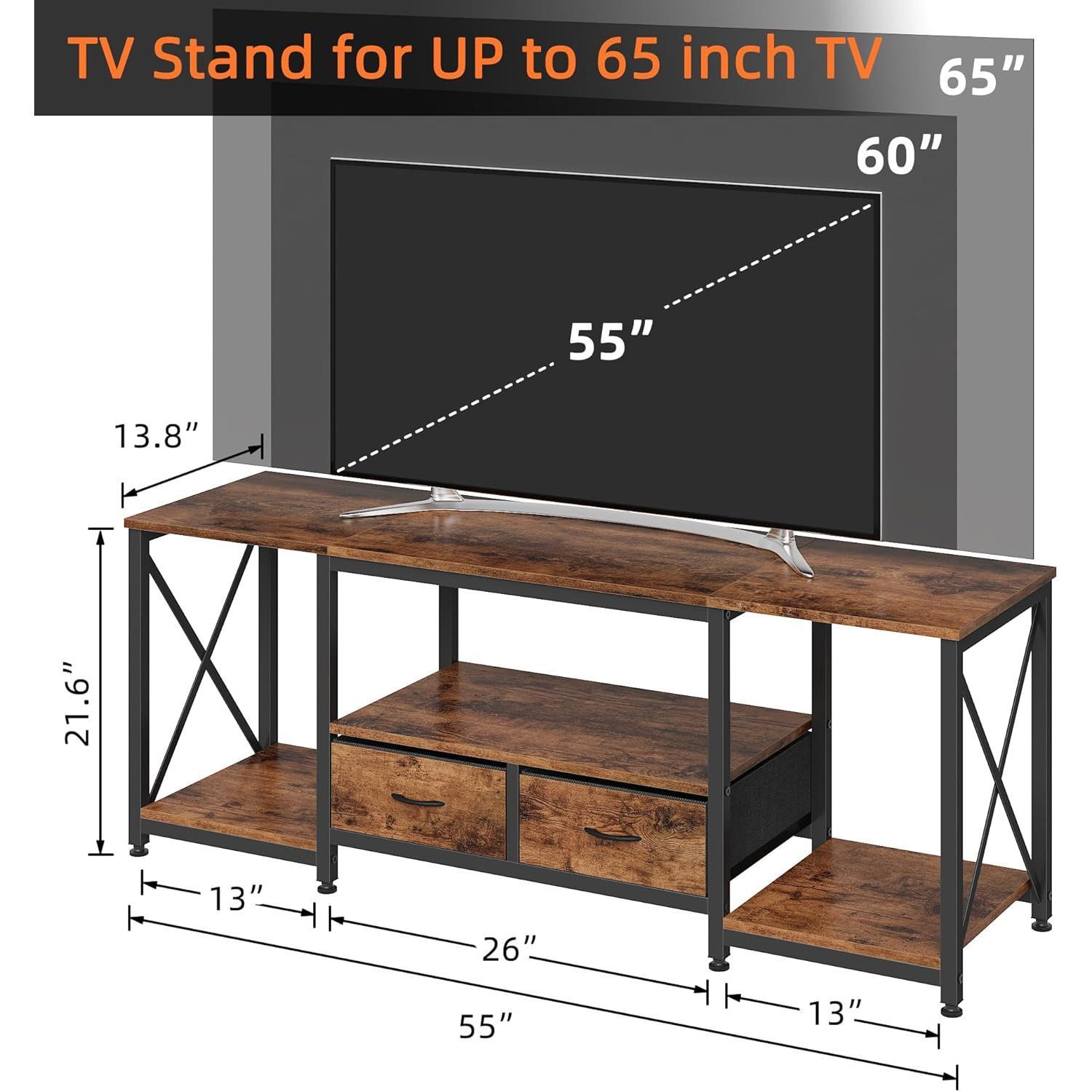 TV Stand with Fabric Drawer - Entertainment Center and Industrial TV Console Table with Open Storage Shelves for Living Room, Bedroom - 55.1" Rustic Brown TV Stand with Fabric Drawer - Entertainment Center and Industrial TV Console Table with Open Storage Shelves for Living Room, Bedroom - 55.1" Rustic Brown