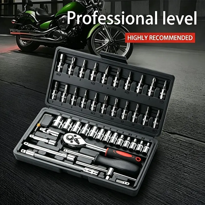46-Piece Automotive Mechanic Tool Set, Multi-Functional Set with Sockets, Wrenches, and Ratchets, CR-V Grade, Includes Storage Case, High-Quality Tool Set for Car, Bicycle, and Motorcycle Maintenance
