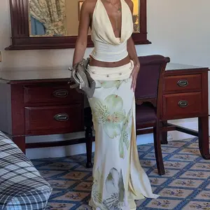 Cowl Neck Backless Crop Top & Floral Print Maxi Skirt Two Piece Set Thigh High Slit Tie Slim Bodycon Holiday Beach Vacation Party Night Dating Outfits Sheer Skirt Suit summerwins