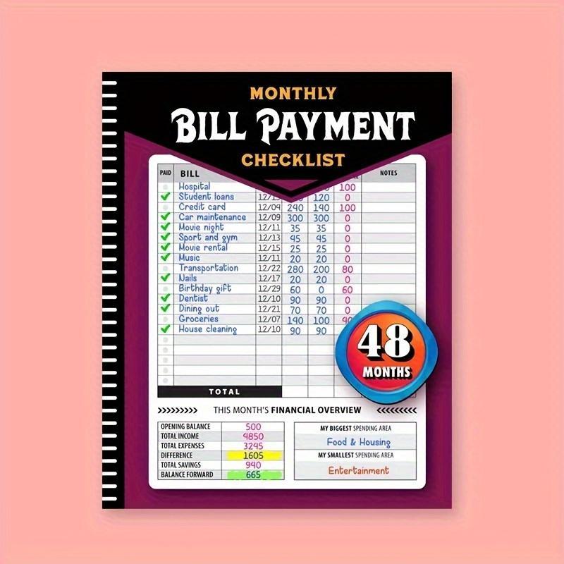 48-Month Bill Payment Checklist Planner, Monthly Bill Tracker Notebook for Home Finances & Budget Management, Finance Checklist Organizer, English Language, Paper Material