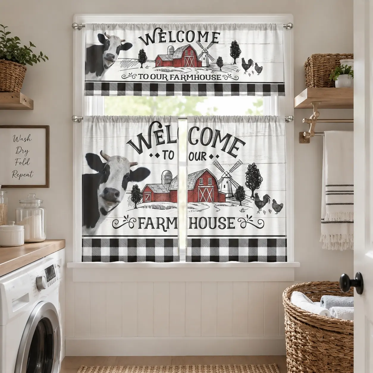 Vintage Plaid 3-Piece Cow Farmhouse Rod Pocket Valance & Tiers Curtain Set, Polyester Black White Barn Windmill Print, Rustic Indoor Window Decor for Kitchen, Living Room, Vintage Curtains, Plaid Curtains