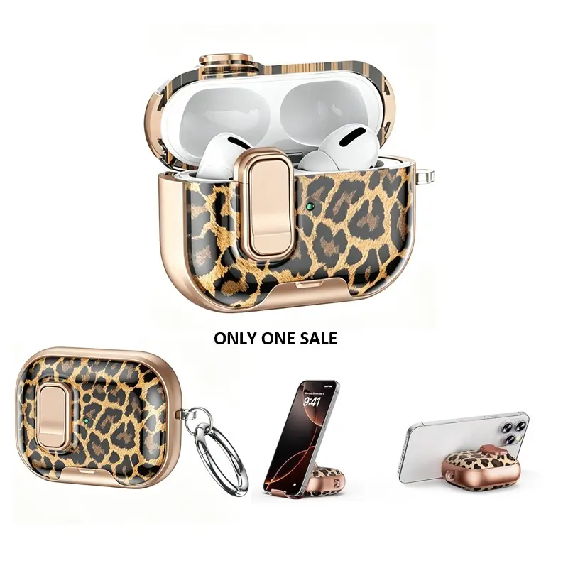 Case For Airpods 4 Pro3 with Lock & Phone Stand Function, Leopard  Design Shockproof Protective AirPod Coverfor Women Men with Keychain