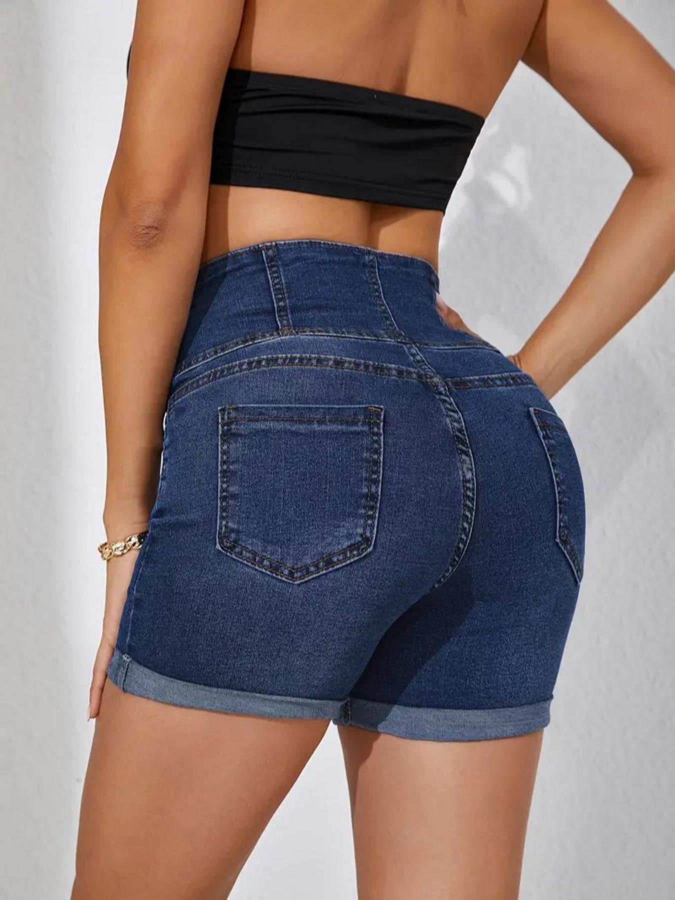Women's High Waist Denim Shorts, Casual Comfy Button Fly Skinny Shorts for Daily Wear, Ladies Bottoms for All Seasons