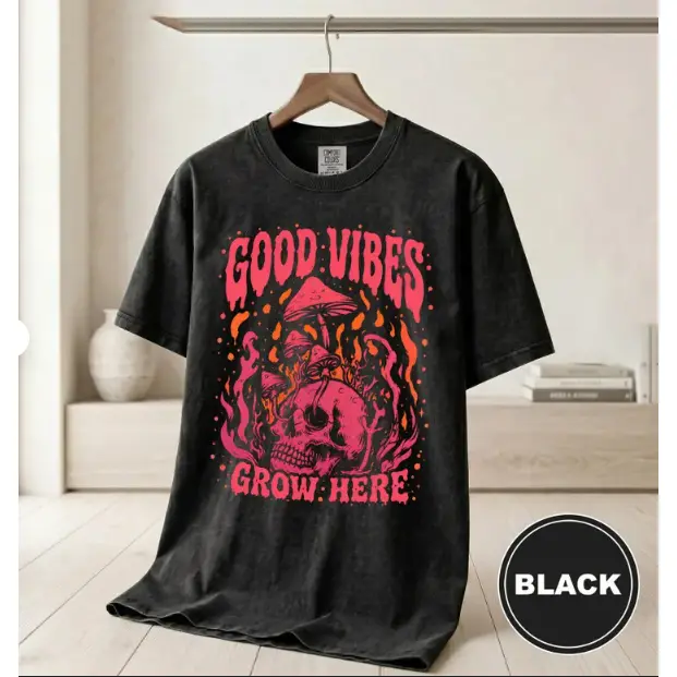 Mushroom Skull T-Shirt, Good Vibes Grunge Acid Wash Print, Whimsigoth Dark Cottagecore Aesthetic T-Shirt, Alt Clothing Gift Her