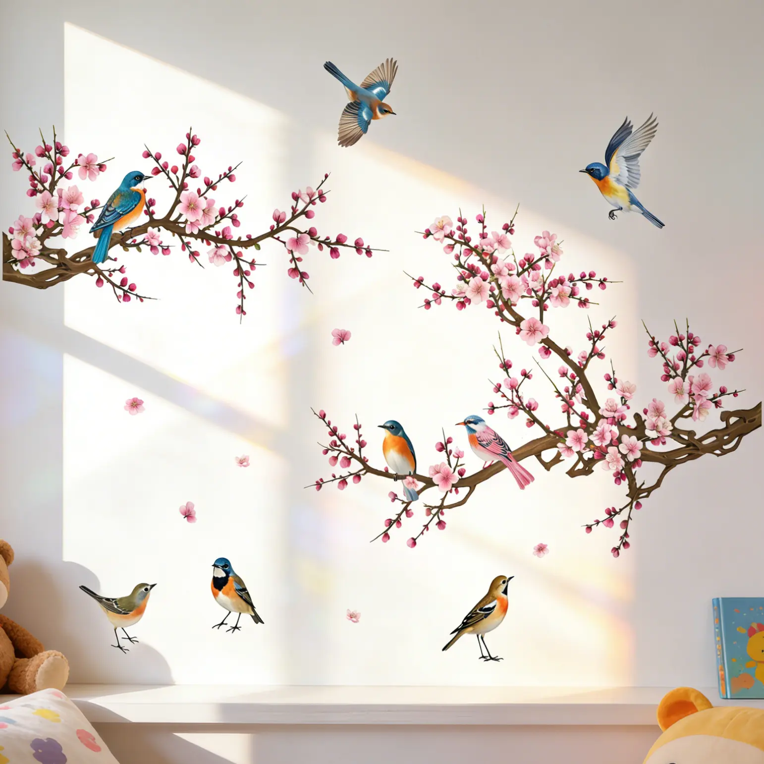 Pink Plum Blossom & Blue Bird Wall Decals, Removable Spring Floral Wall Art