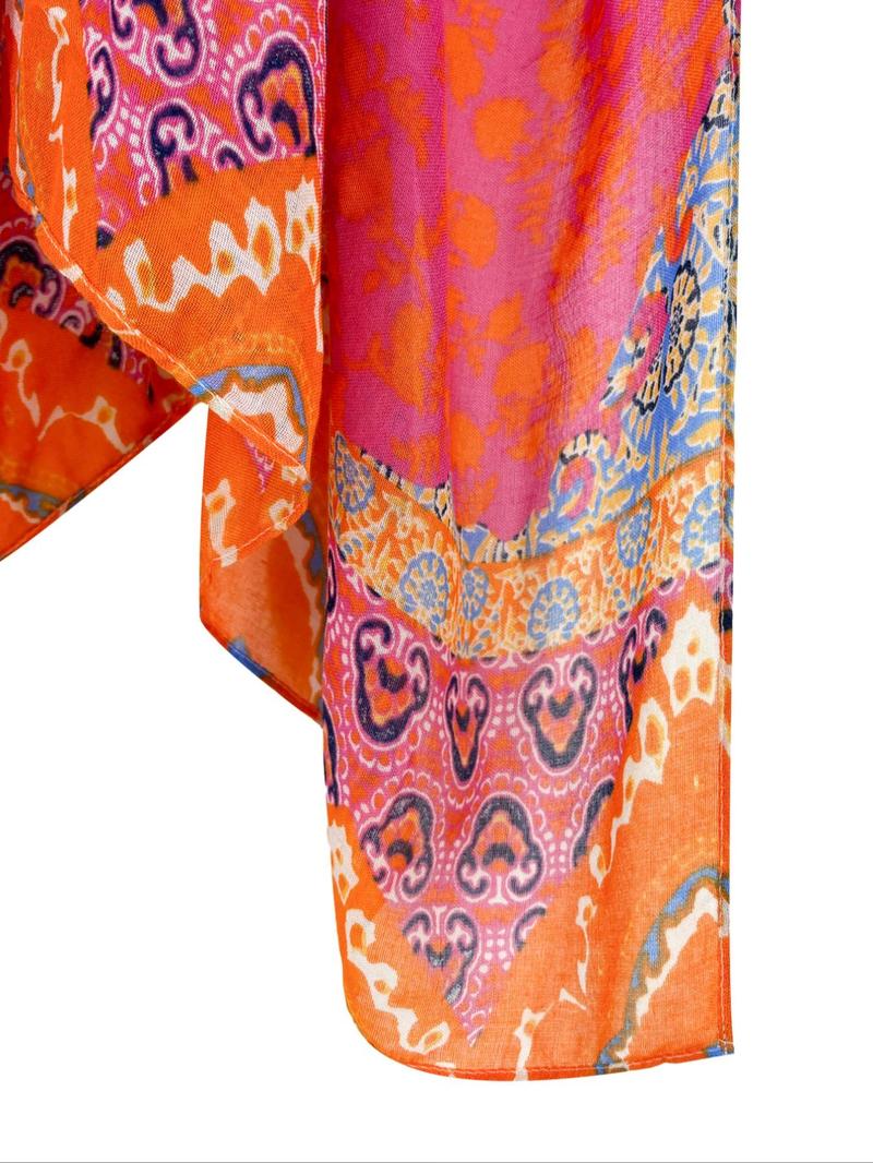 Women's Ethnic Pattern & Patchwork Print Cover Up, Boho Batwing Sleeve Open Front Cover Up, Ladies Summer Clothes for Beach Holiday Vacation