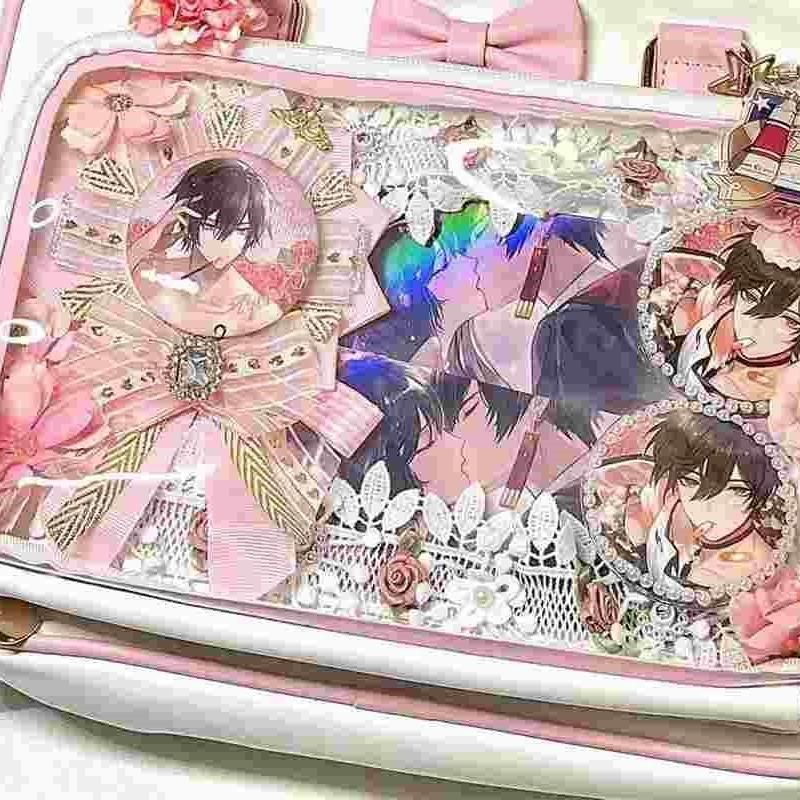 Y2K Cute Bow Ita Bag Girl Transparent Shoulder Bag Women Fashion Crossbody Messenger Bag Ladys DIY Badge Tote Bag Lolita Handbag
