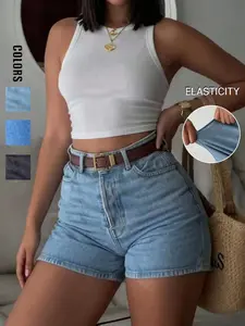 Women's Casual Denim Shorts, Straight Leg Style With Pockets And Button Details, Stretch Fabric, Casual Versatile Streetwear Essential, Fashionable Must-Have for Everyday, Comfortable and Stylish
