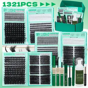 1321 Pcs D Curl Eyelash Clusters Set, Mixed 5-21mm 9 Styles Bottom/Spike/Mega/Cat/Volume Thick 3D Multi-Layered Lashes, Kit with Bond&Seal Remover Tweezers Lash Shampoo Brush, DIY at Home Easily, Easy Apply for Makeup Daily, Spiky Lash Clusters