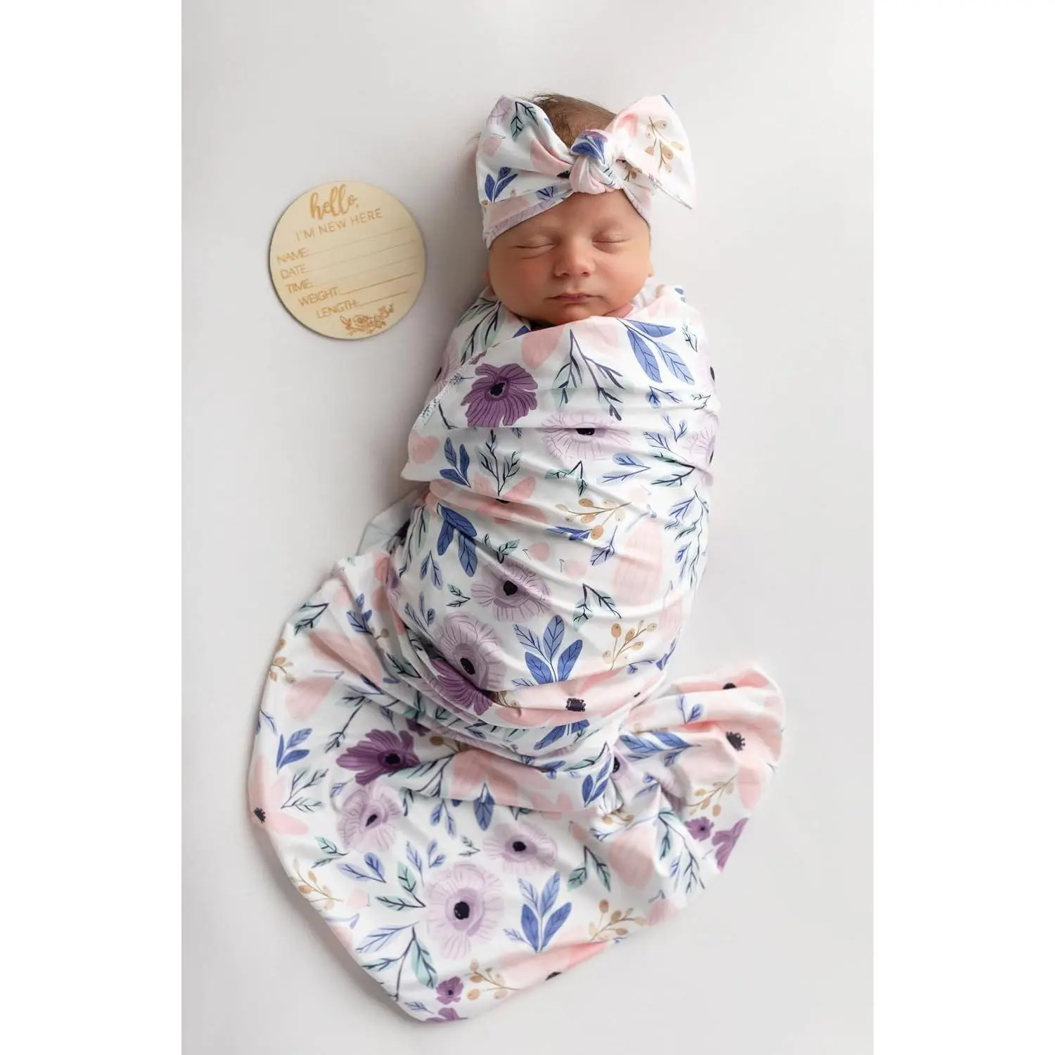 Newborn Baby Girl Stretchy Knit Swaddle Blanket Set with Matching Headband Beanie and Name Card, Pink and Purple Floral(Gift)