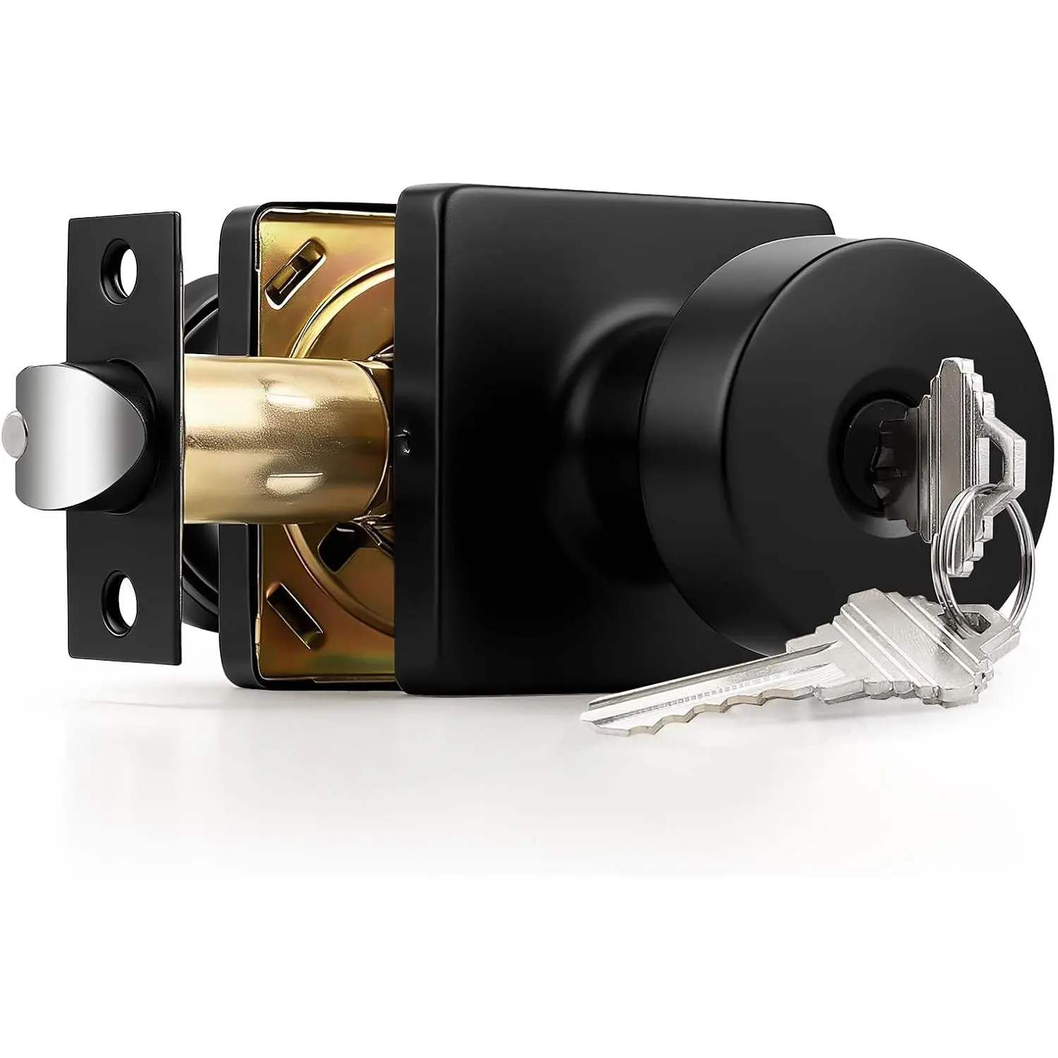 Keyed Entry Door Knob with Lock Enterior & Interior, Bedroom/Office Door Knobs with Key, 1 Pack Heavy Duty Square Panel Door Knob in Matte Black Finish