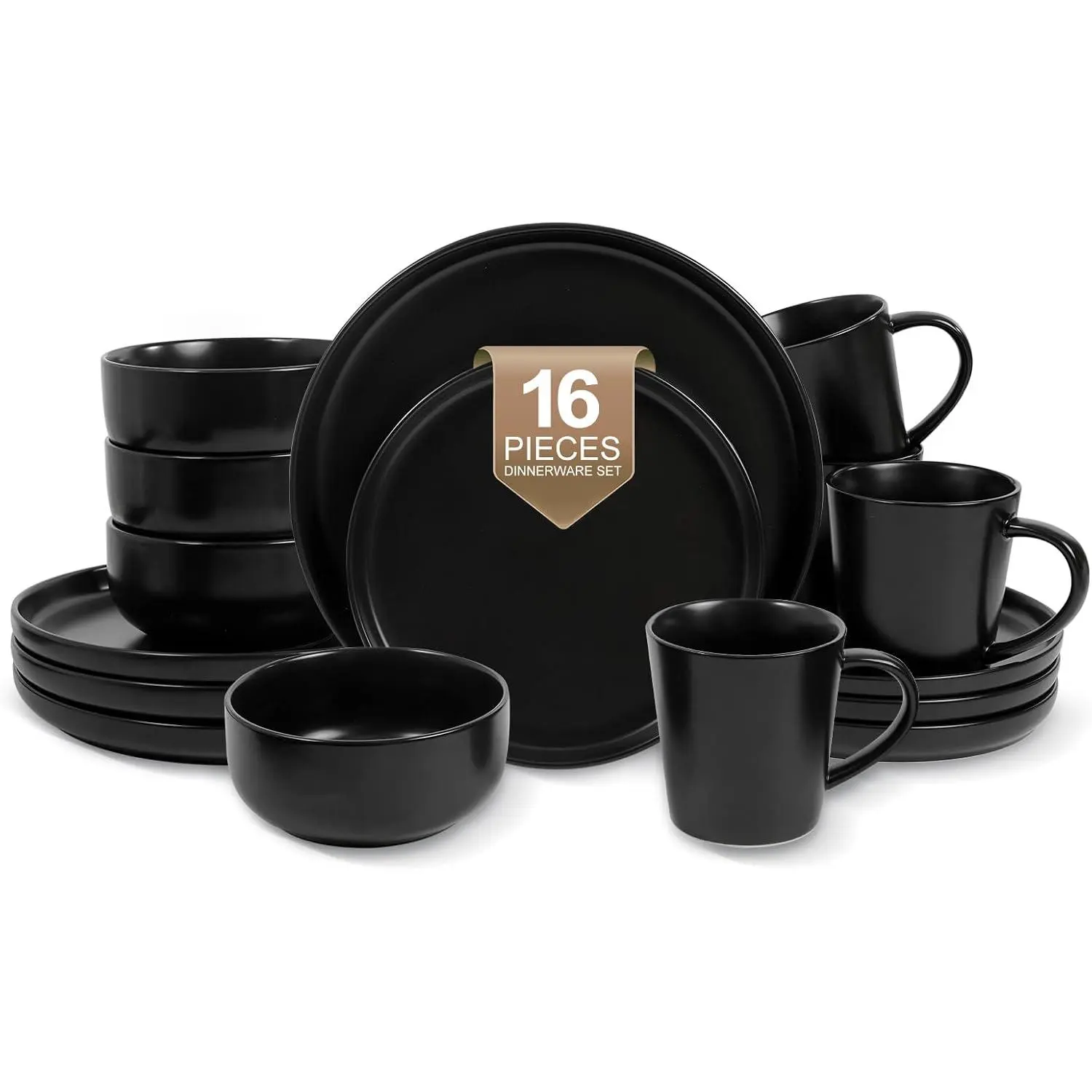 16- Ceramic Dinnerware Sets with Mugs for 4, Black Plates and Bowls Set with Classic Design, Scratch Resistant Dishes Set, Dishwasher & Microwave Safe