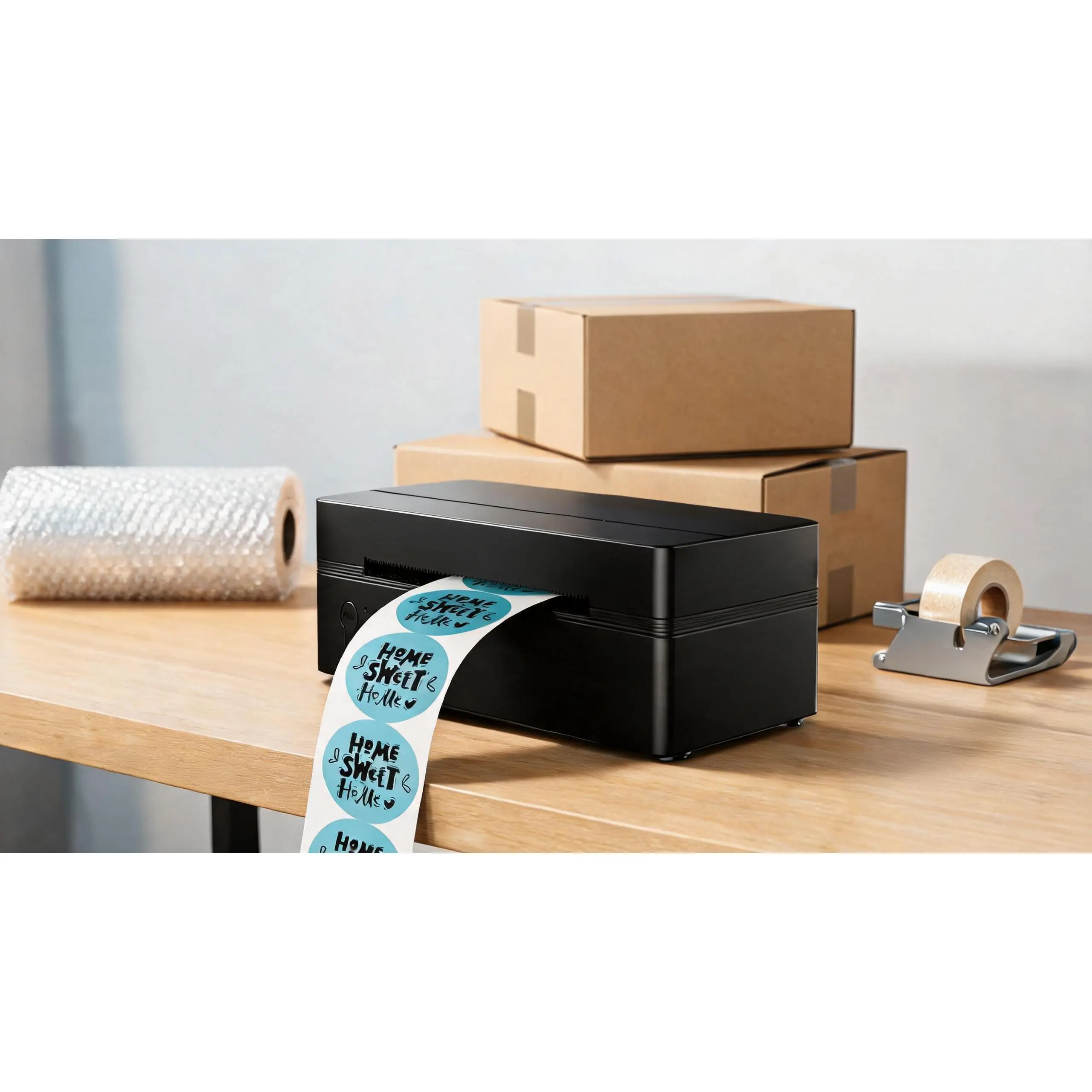 Black wireless Bluetooth thermal printer for 4×6 shipping labels! Connects iOS & Android phones effortlessly, works with all major e-commerce sites and shipping couriers for fast package label printing.