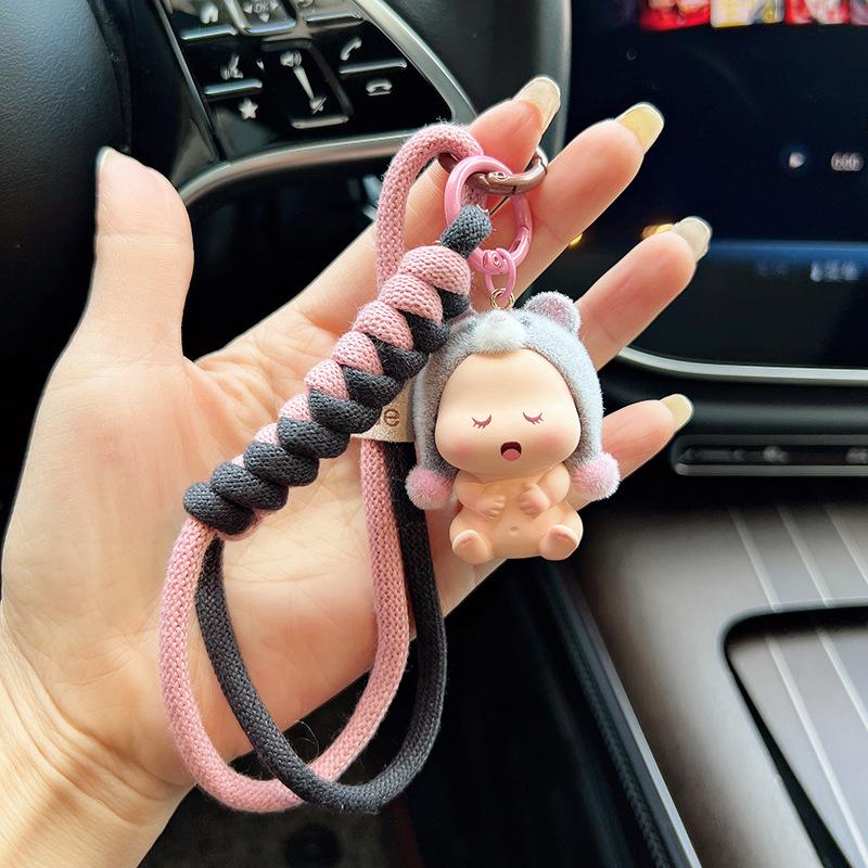 New Flocked Cartoon Hat Doll Keychain, Cute Kawaii Baby Figurine Car Key Ring, Fashionable Plush Bag Charm Accessory for Women