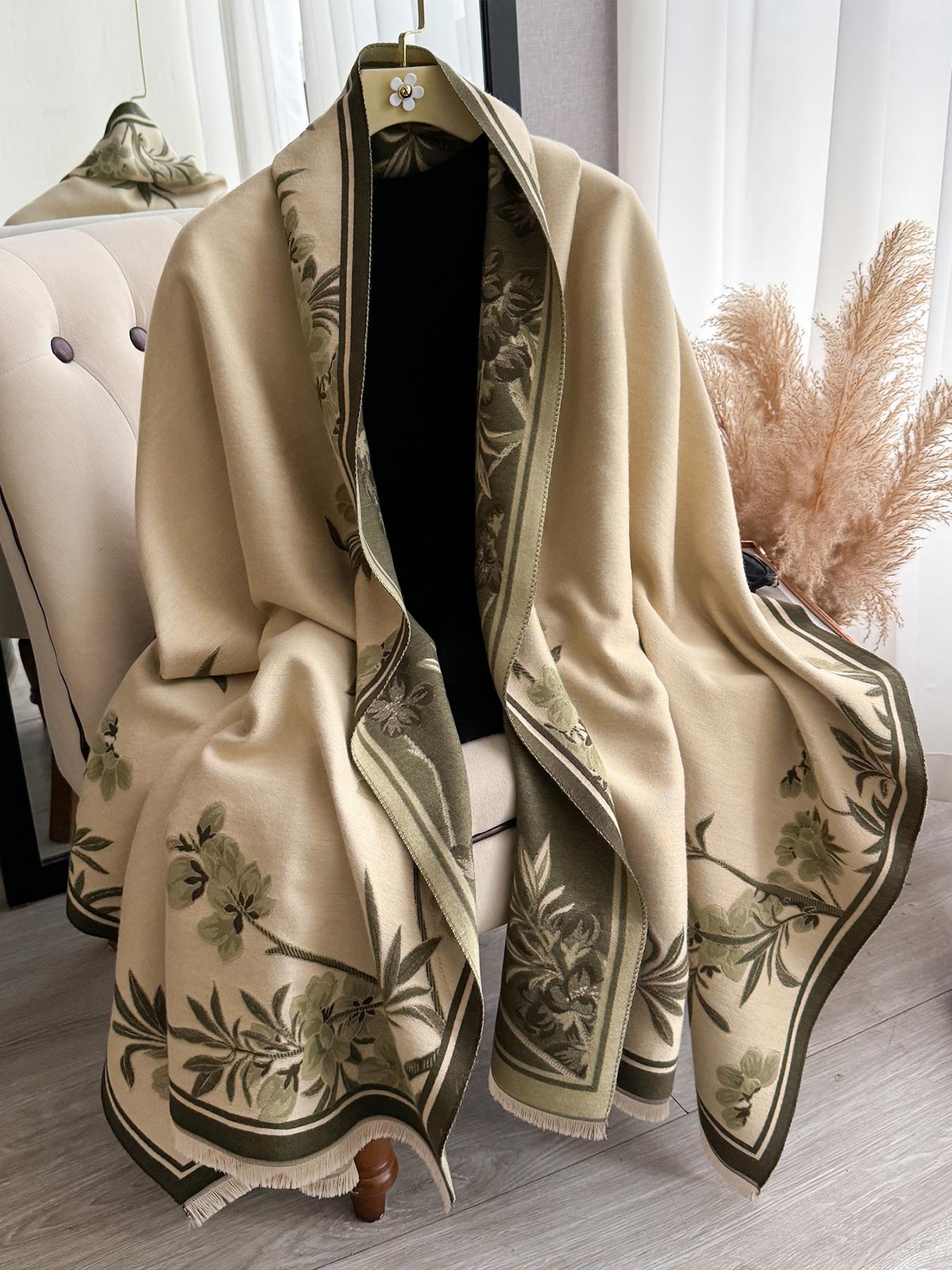 Elegant Floral Knit Scarf for Women, Boho Style Double-Sided Shawl, Fall & Winter Warm Daily Wear, Fitted Design