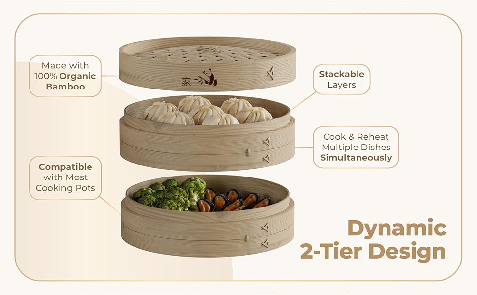 Bamboo Steamer Basket 10-Inch |   2-Tier Steamer for Cooking |   50 Liners, Chopsticks, Sauce Dish |   Steaming Asian Food, Bao Buns, Chinese, Dim Sum, Dumpling, Rice, Vegetable Steam Pot