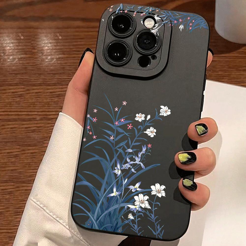 1pc black matte phone case with floral illustrations of plants and green leaves, suitable for iPhone 17/17Pro/17Air/17ProMax/16/16Pro/16Plus/16ProMax/15/15Pro/15Plus/15 ProMax/14/14Plus/14Pro/14ProMax