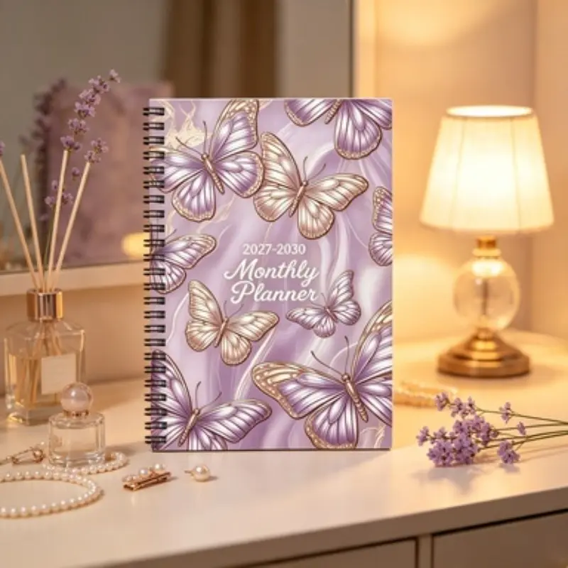 2027-2030 Four-Year Monthly Planner Notebook, Butterfly Marble Cover, Spiral Bound, Ideal for Recording and Planning