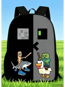 Pixel Art Game Backpack, My World Zombie Duck & Shark Design, Unisex Large Capacity Casual Daily Use Bag, Perfect for Gaming Fans