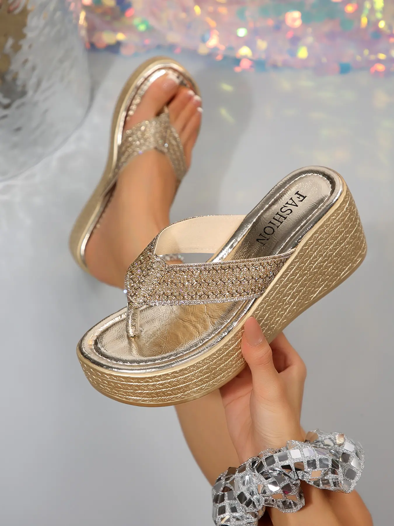Women's Champagne Gold Full Rhinestone Wedge Flip Flops, Embellished Wedge Sandal, Metallic Woven Platform Thong Sandals, Sparkly Elevated Slippers for Beach Party Vacation