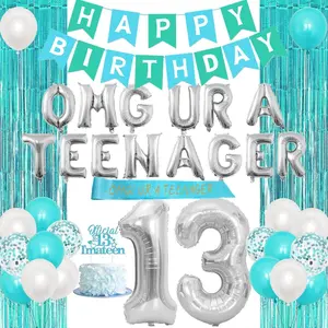 1Set Omg Ur A Teenager Balloon Sash Teenager Birthday Party Decorations 13th Birthday Decorations for Girls Teal Blue Sweet 13 Happy Birthday Banner Cake Topper Foil Tinsel Curtain