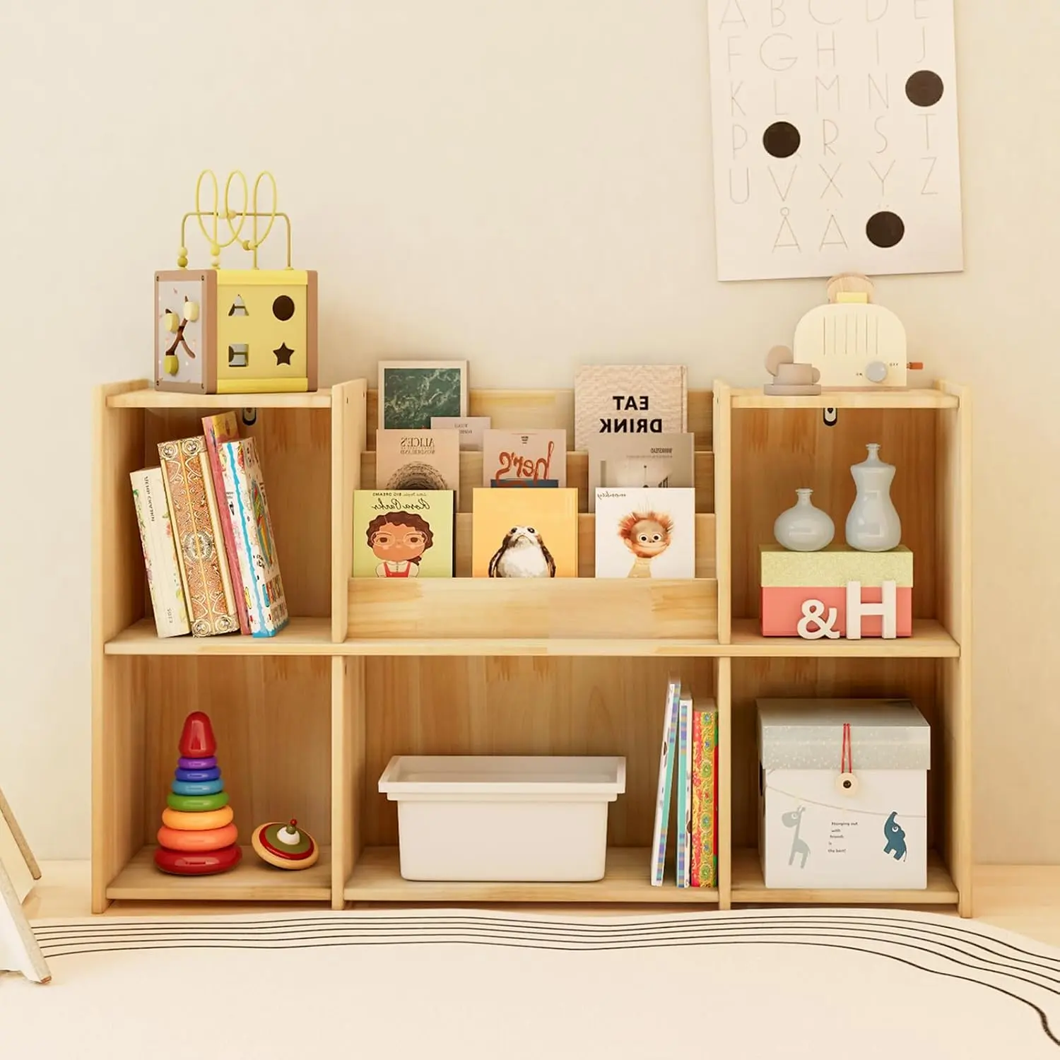 Wooden Bookshelf, 2 Tier Low Profile Horizontal Bookcase with Storage Organizer, FSC Certified Wood, Space Saving Display Shelf for Living Room, Bedroom, Home Office