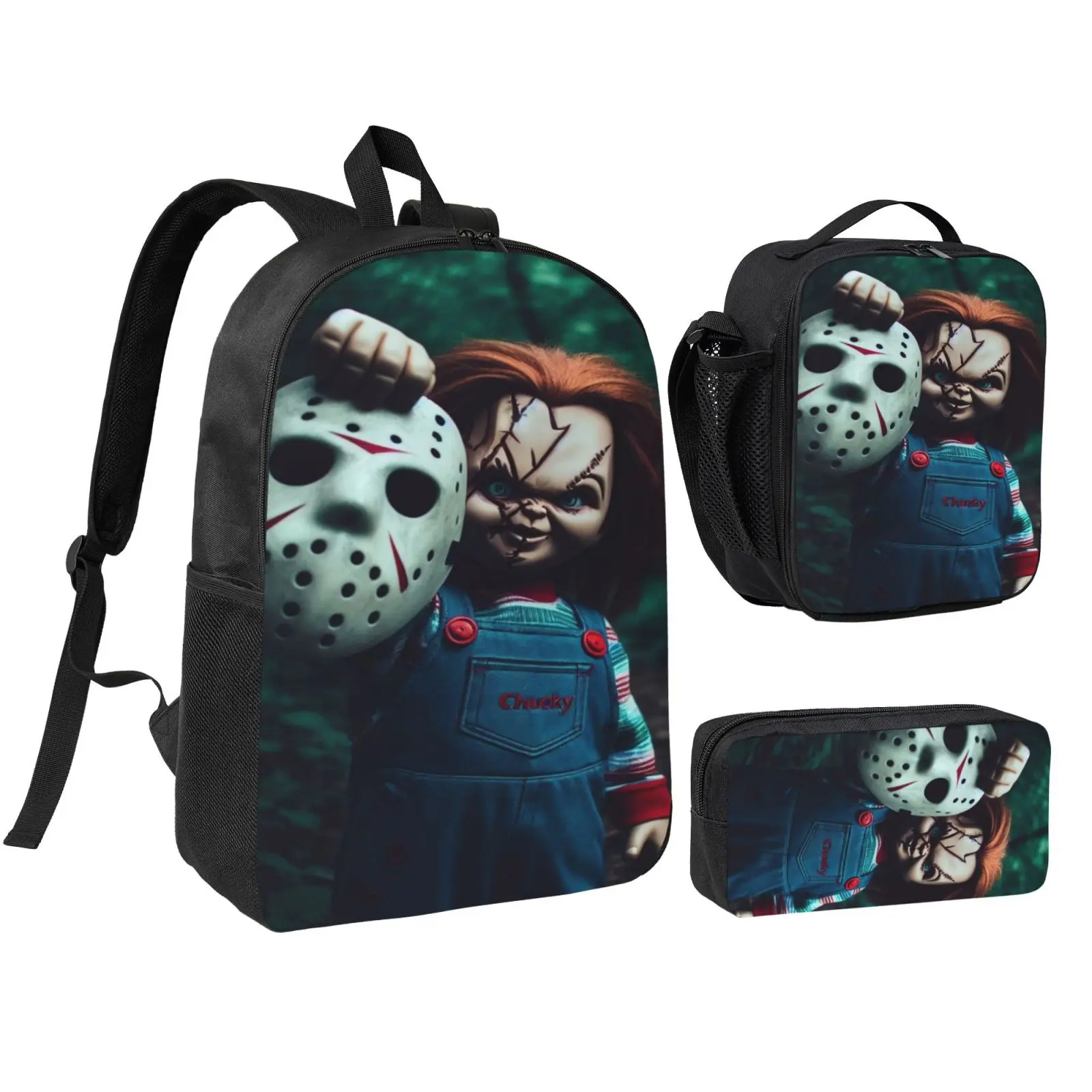 Anime Chucky3 3-Piece Kids' School Bag Set - Graphic Foam Backpack with Reusable Zip Lunch Bag & Pencil Box, Adjustable Straps, Christmas Gifts for Teen Girls Boys