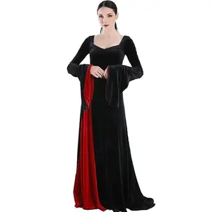 Morticia Addams Costume Women Velvet Maxi Dress Vintage Gothic Witch Long Dress Halloween Family Cosplay Cocktail Party Costume