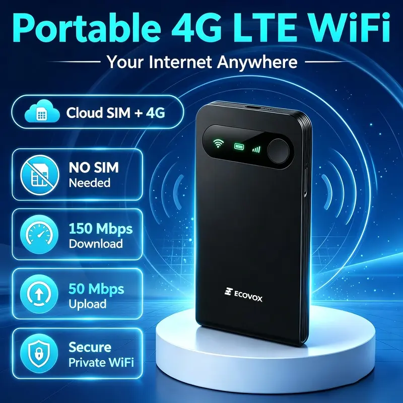 ECOVOX Pocket 4G LTE Mobile WiFi Hotspot Router - Compact Unisex Travel Stuff, 150Mbps, Multi-Carrier, FCC Certified, 86g Lightweight, Free 1GB Data for Travelers & RV Users