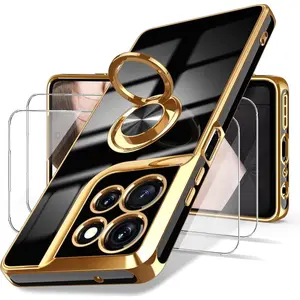Dretal for Motorola G 5G 2025 Case, Moto G 5G 2025 Case,2X Screen Protector, 360° Rotatable Ring Holder Magnetic Kickstand,Plated Gold Edge Slim Soft TPU Protective Cover (Black)